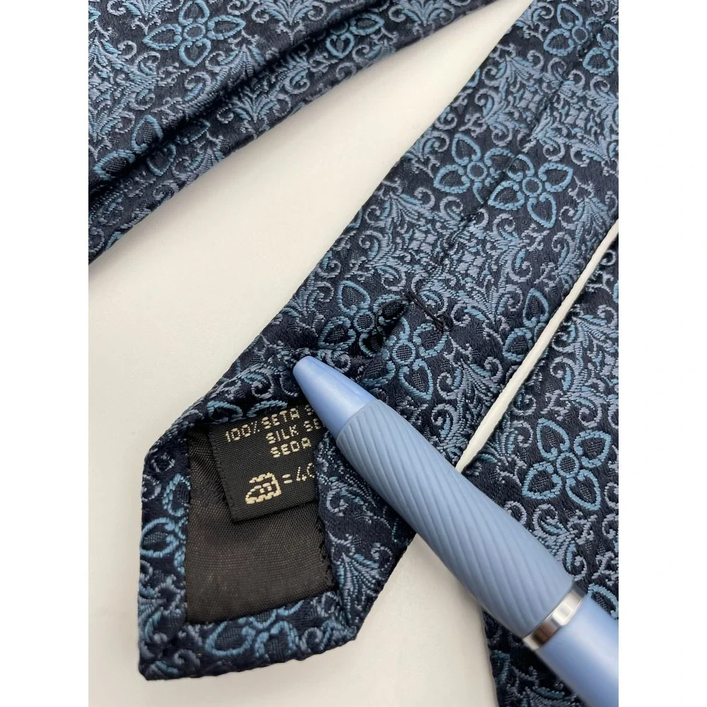 Ermenegildo Zegna Men Silk Tie Navy Blue Floral Medallion Jacquard Made in Italy